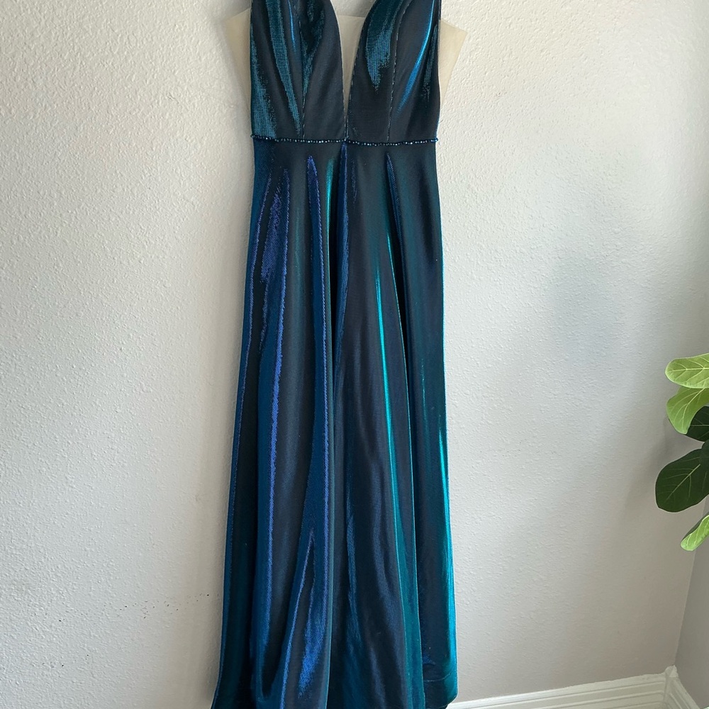 Elegant Shimmering Blue Gown beading needs work on one strap